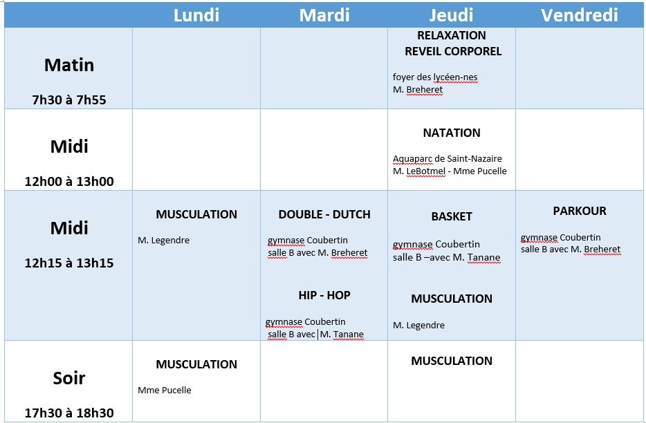 Planning des activités de l'AS